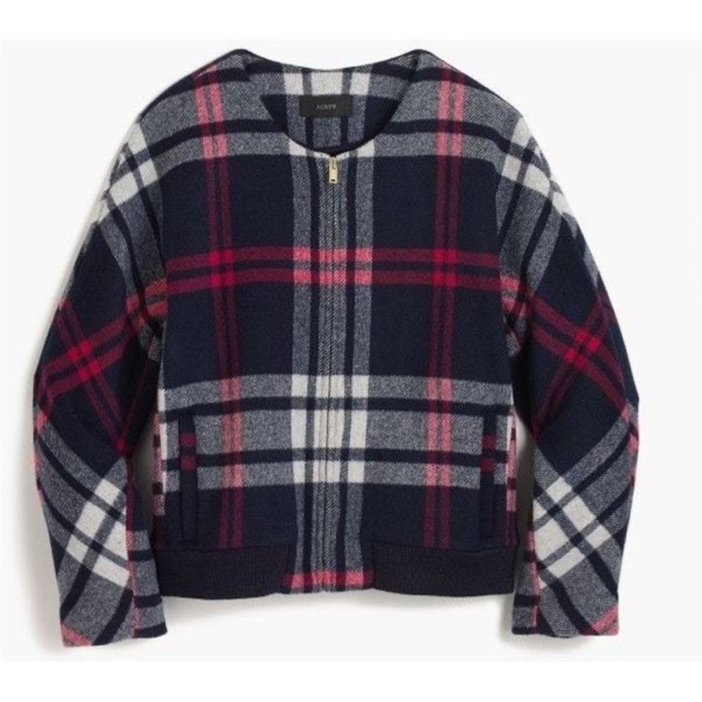 J. Crew Navy Plaid Wool Bomber Jacket with Pink Accents - Picture 2 of 9